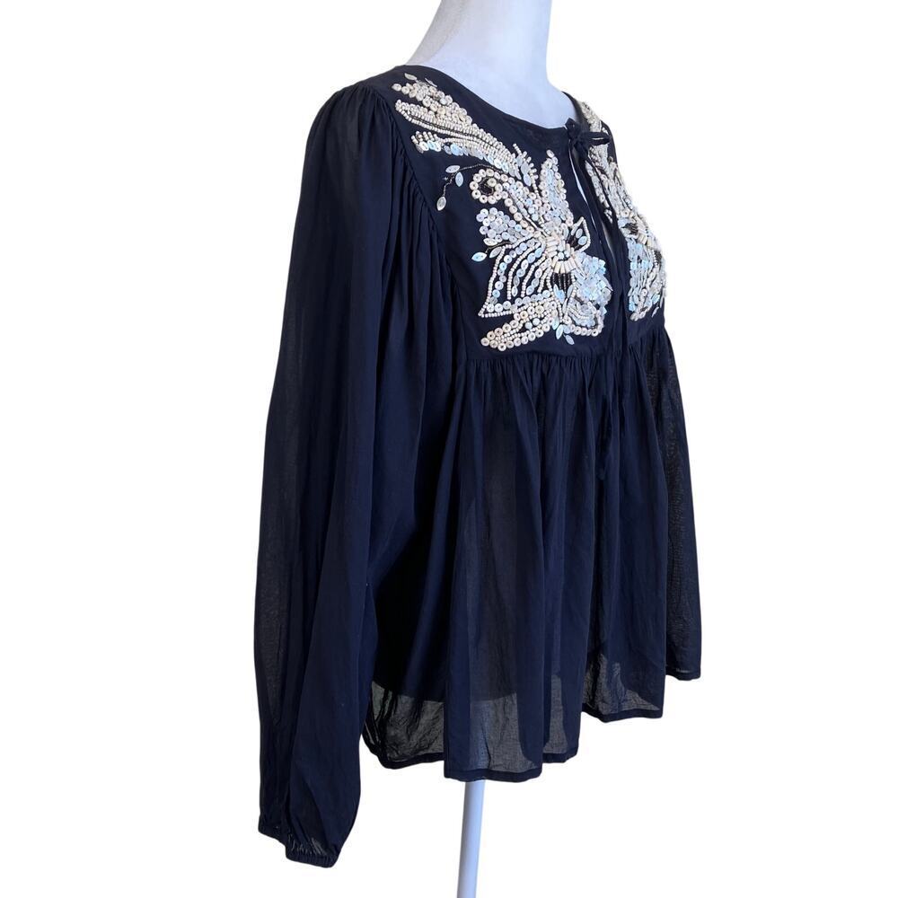 All Saints Sz 8 Dana Top Boho Beaded Peasanst Blouse Tie Neck Black Cream Cotton - Picture 6 of 16